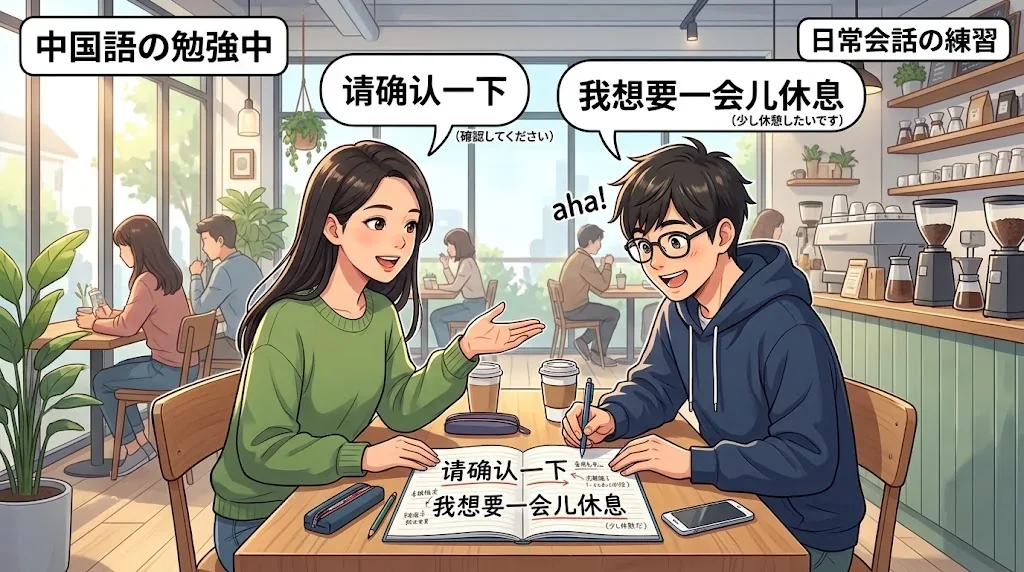 カフェで友人とノートを見ながら楽しそうに会話している様子
