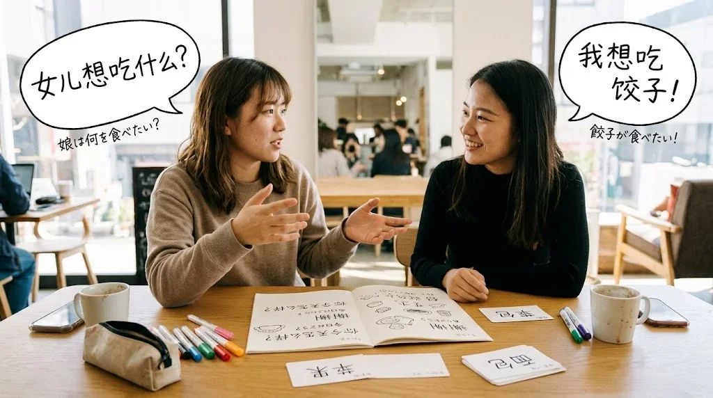 学習者と友人がノートを見ながら会話している様子