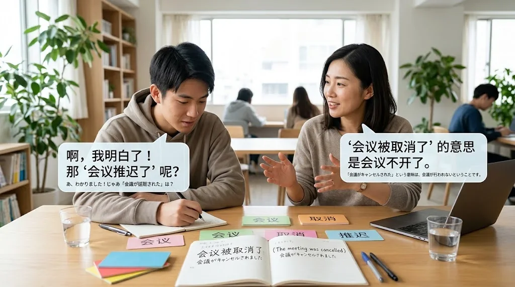 学習者とネイティブが会話練習している様子