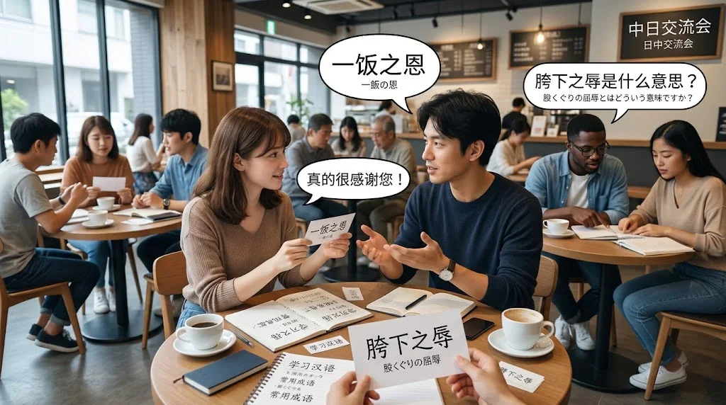 カフェで友人と一緒に四字熟語を学ぶ楽しい様子