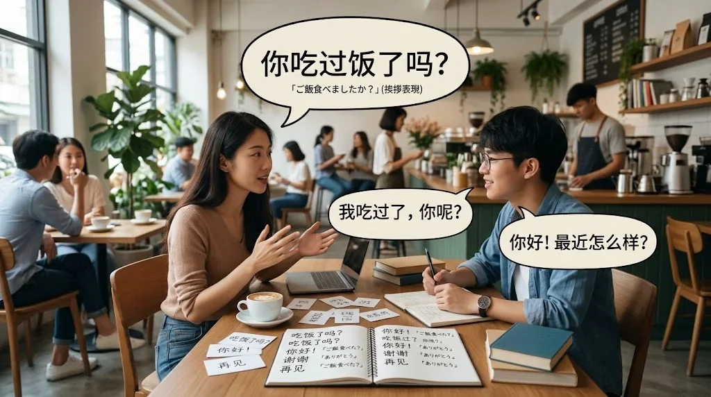 カフェでフラッシュカードを使いながら会話練習するシーン