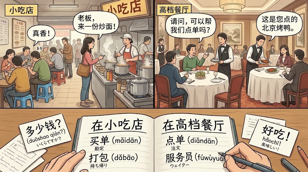 地元の食堂で食事を楽しむ様子と高級店の対比シーン