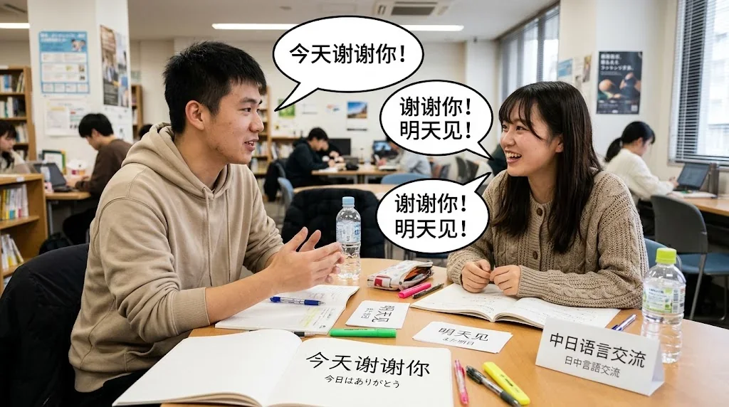 カフェで中国語を学ぶ友人と学習者の様子