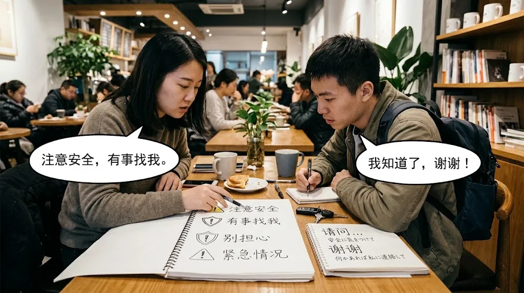 カフェで友人と中国語のフレーズを学ぶ旅行者の楽しい学習シーン